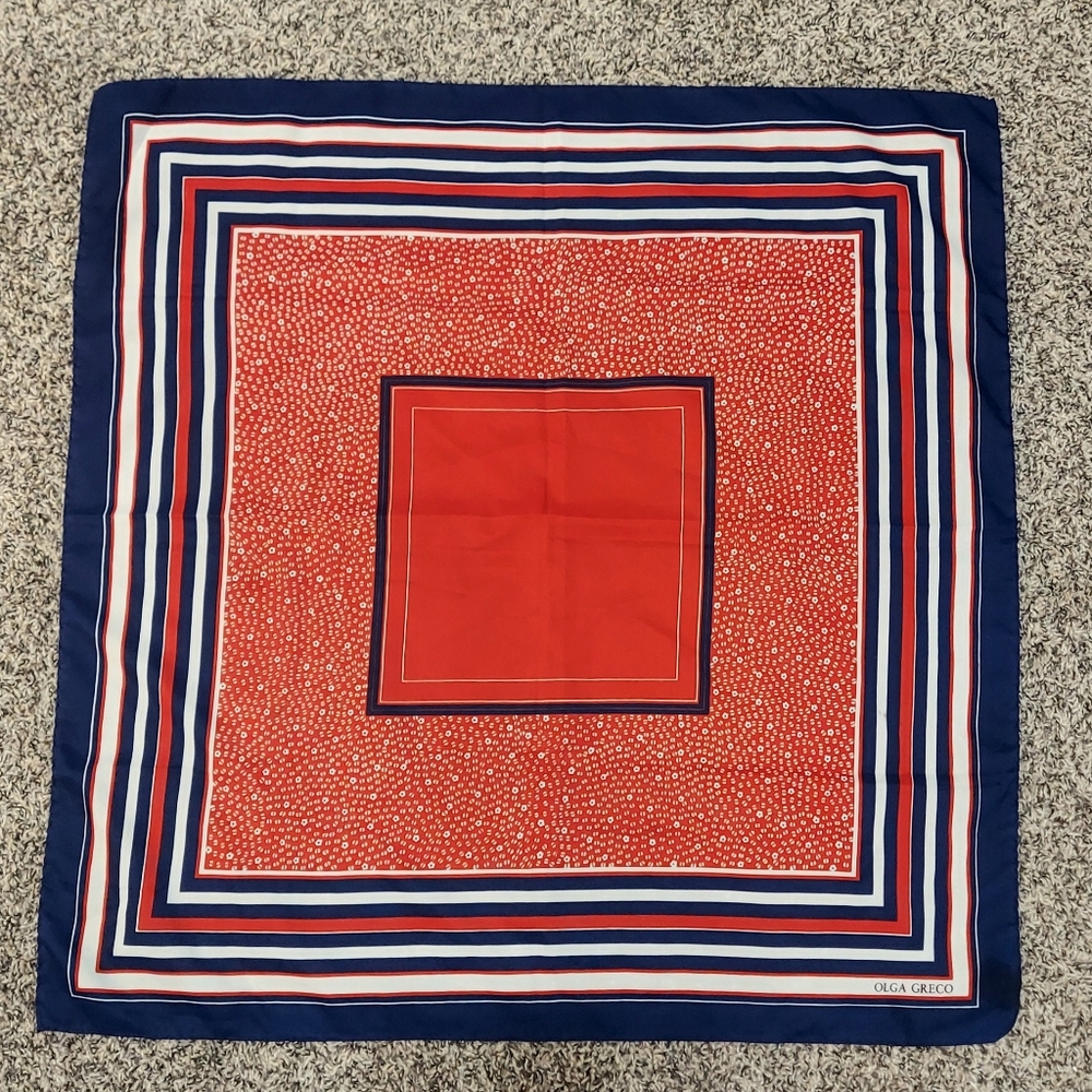 Olga Greco Vintage Square Orange, White and Blue Scarf